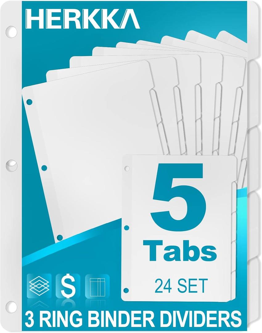 5-Tab Binder Dividers, HERKKA 3 Ring Binder Dividers with Reinforced Edge, 3 Hole Punch Section Index Dividers for Binders, 1/ 5-Cut Tabs, Letter Size, White, 120 Dividers