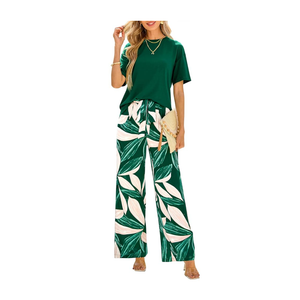 PRETTYGARDEN Women Summer 2 Piece Outfits 2025 Short Sleeve Knit Top Floral Print Belted Wide Leg Pant Sets With Pockets, Dark green floral,  L