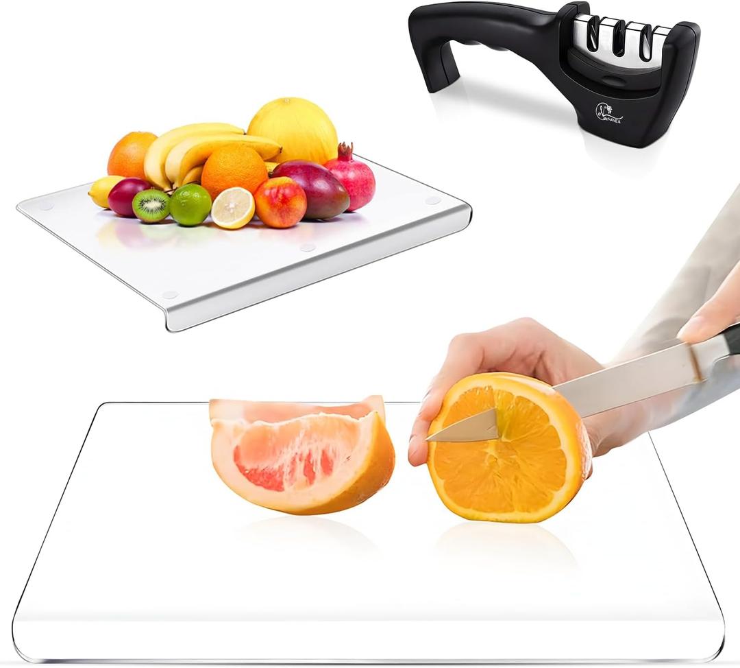 Navea Acrylic Cutting Board with Counter Lip, Clear, Thick Cutting Board for Kitchen Counter Non Slip with Knife Sharpener included, 17.7x13.7 inch Medium, Kitchen Home Essentials, Giftable