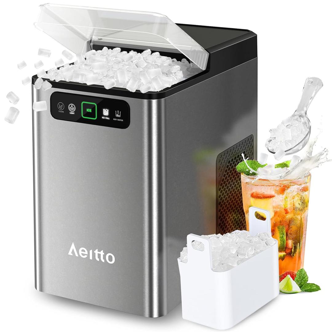 Aeitto Nugget Ice Maker Countertop, Pellet Ice Machine Soft Chewable Ice 40lbs/Day, One-Click Operation, Auto Self-Cleaning Crushed Ice Makers Stainless with Scoop for Home/Kitchen/Office (Grey)