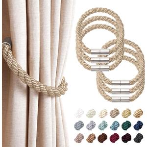 NICEEC 6 Pack Strong Magnetic Curtain Tiebacks Modern Simple Style Drape Tie Backs Convenient Decorative Weave Rope Curtain Holdbacks for Thin or Thick Home & Office Window Draperies (Khaki)