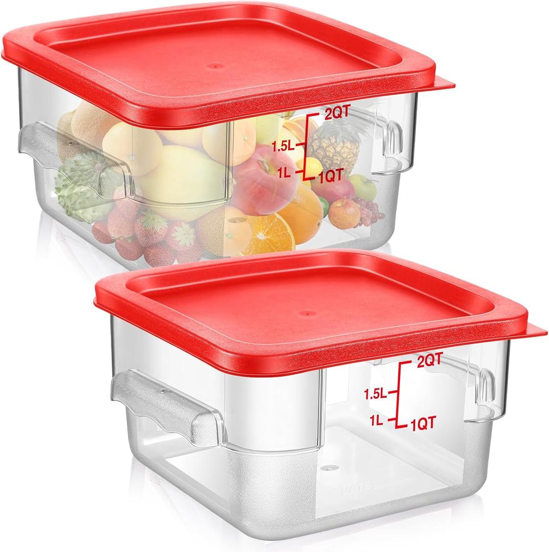 Suclain 2 Pcs Square Food Storage Container Polycarbonate Clear Food Container with Lid Commercial Rice Storage with Graduations for Commercial Kitchen(2 Qt,Red)