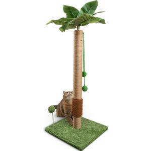 ANWA 35" Tall Cat Scratching Post for Kitten and Large Cats, Scratching Post for Indoor Cats with Self-Grooming Rubber Brush, Cat Sisal Post with Simulated Leaves