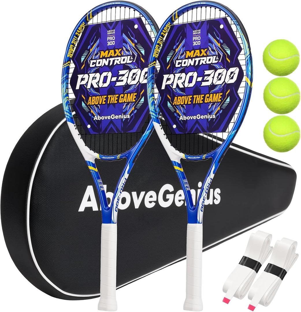 AboveGenius Adult Tennis Racket Set, 2 Pre-Strung 27-Inch Tennis Racquets with One-Piece Frame, 105 sq. in. Oversized Head, Shock-Reducing Feel, Non-Slip Grips, 3 Balls & Carry Bag