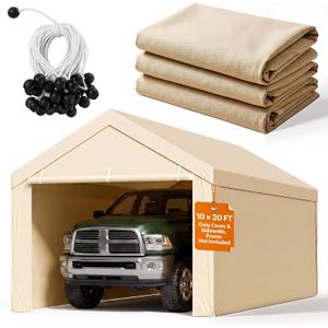 VEVOR Carport Replacement Canopy Cover, 10 x 20 ft Potable Garage Tent Top Tarp with Sidewalls, UV-Resistant & Waterproof, Heavy Duty Car Shelter Tarp with Ball Buggees, Beige, Frame Not Included