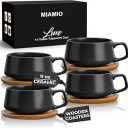 MIAMIO 11 Oz., Set of 4 Ceramic Tea Cup and Saucer Bamboo/Tea Mug - Wide Cappuccino Cup, Coffee Cups Ceramic Mug for Cappuccino, Latte, Espresso & Americano - Luxe Collection 
