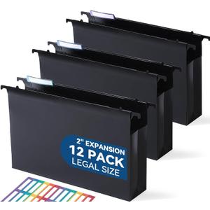 Plastic Extra Capacity Legal Size Hanging File Folders, 2" Expanding Pocket, Heavy Duty for Filing Cabinet, Insertable 1/5-Cut Tabs - 12 Pack (Black)