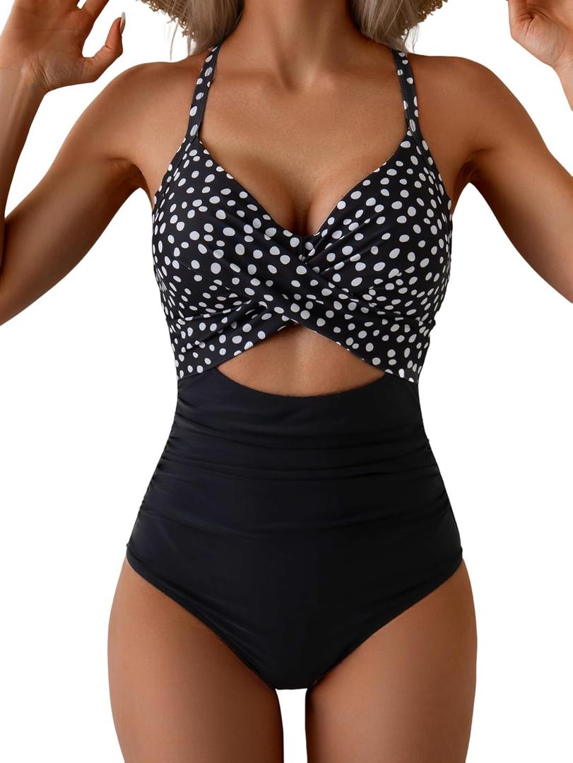 Eomenie Women's One Piece Swimsuits Tummy Control Cutout High Waisted Bathing Suit Wrap Tie Back 1 Piece Swimsuit (S, Black Polka Dots)
