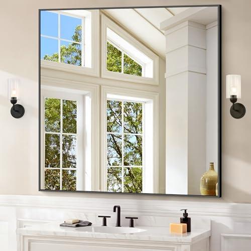 COFENY Black Bathroom Mirror for Wall, 42x42 Inch Wall Mounted Rectangle Mirrors with Metal Frame, Large Modern Vanity Wall Square Mirror for Bathroom Living Room, Entryway