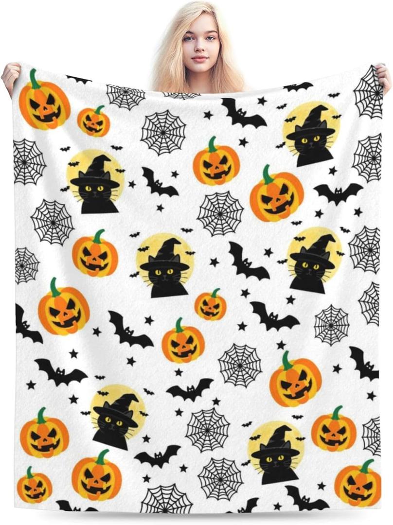 Halloween Blanket for Women Men, Witch's Hat Cat and Pumpkins Bats Blanket for Couch Bed Living Room, Halloween Decor Gifts for Spooky Season, 60"X50"