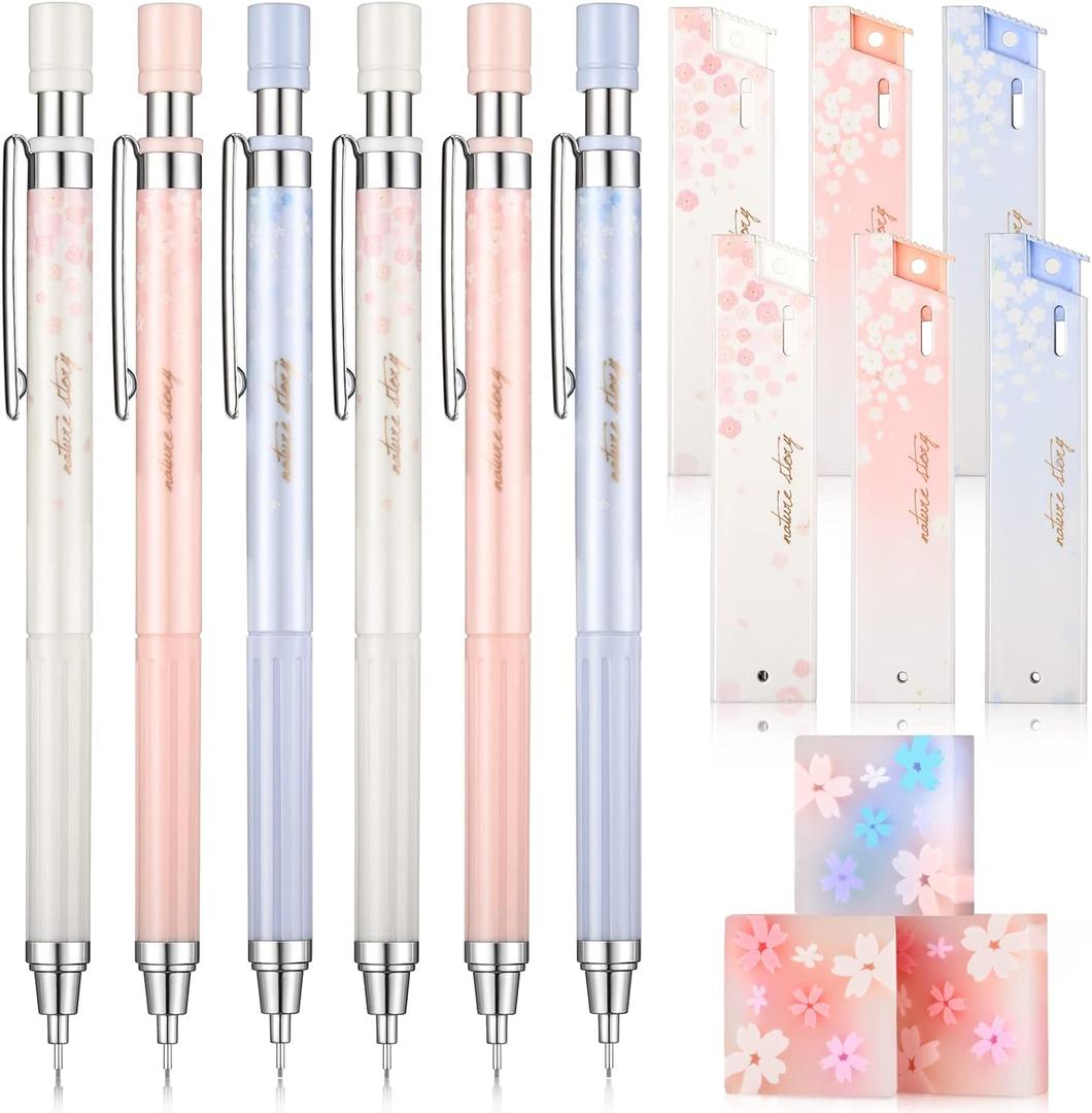 15 Pcs 0.5 mm Mechanical Pencil Set Include 6 Pcs Japanese Cute Pencils with 6 Tubes Pencil Refill and 3 Cute Cherry Erasers for Sketching Architecture Drawing