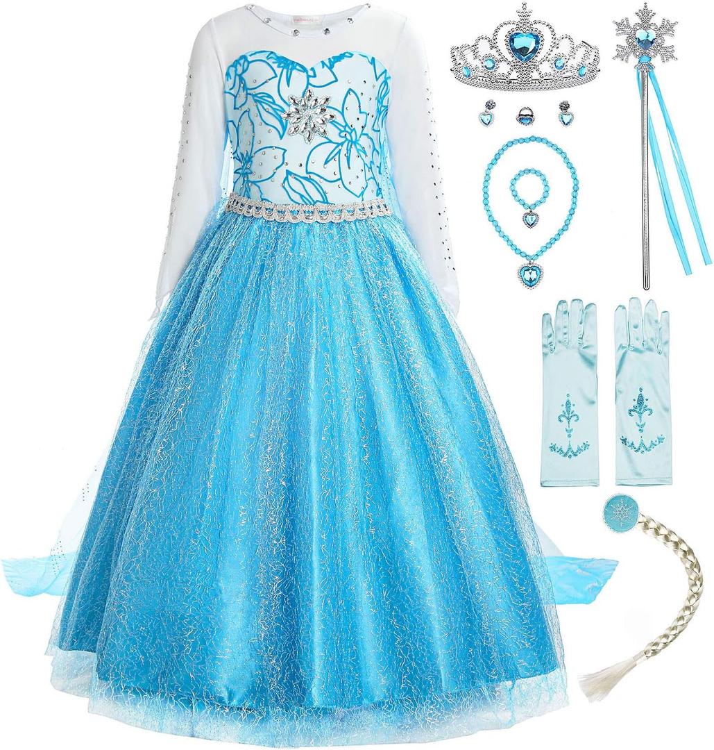 ReliBeauty Little Girls Snow Princess Fancy Dress Queen Costume, Blue (4 (110), Blue(with Accessories))