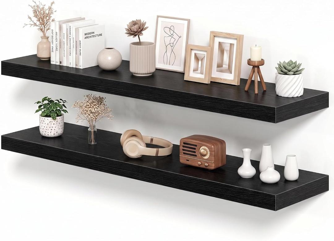 12 Inch Deep Floating Shelves Black, 48 Inch Long, 2" Thick Floating Shelves for Wall, Hidden Bracket, Scratch-Resistant Wood Grain for Bedroom Bathroom Kitchen, Coffee Bar, Bookshelf, 48"x 11.6"-Pack of 2