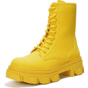 Women's Chunky Heel Combat Boots Platform Ankle Booties, Lace Up Fall Winter Streetwear Fashion Boots, Comfortable Block Heel (Chrisley) - Yellow Size 8