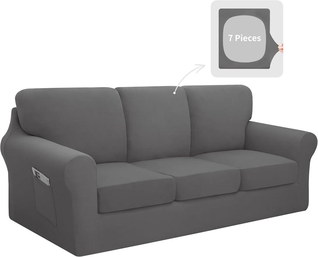 Easy-Going 7 Pieces Stretch Couch Cover Washable Sofa Cover Set for 3 Backrest and Seat Cushion Couch Anti-Slip Sofa Slipcover Furniture Protector with Elastic Bottom (Large, Light Grey)