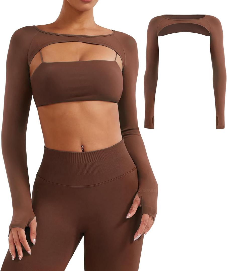 YEOREO Seamless Long Sleeve Shrug for Women Gym Crop Top Workout Cropped Sports Bolero (X-Small, Deep Brown)