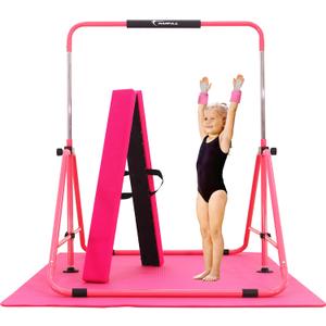 MARFULA Foldable Gymnastic Bar for Kids Ages 3-12, 9 Height Levels, 200 lbs Weight Capacity, 5 Ft Length Gymnastic Kip Bar with Mat, Gymnastic Equipment for Home and Gym Center Indoor Outdoor Use