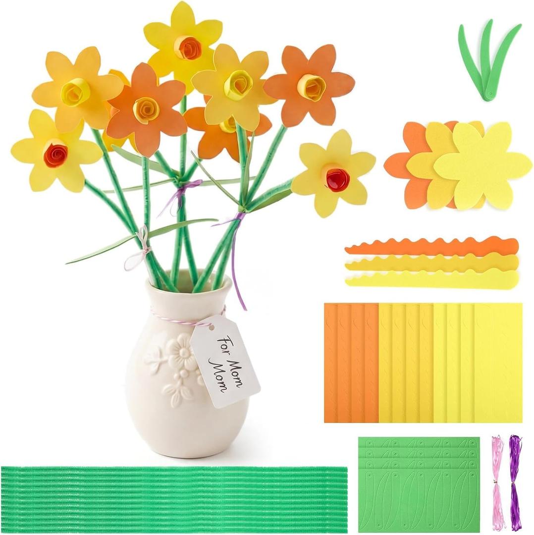 Civaner 36 Sets Mother's Day Crafts Kits for Kids Mothers Day Daffodil Bouquet DIY Crafts Yellow Orange Foam Flower Bouquet Craft Kit for Mom Mother's Days Decor DIY Gifts