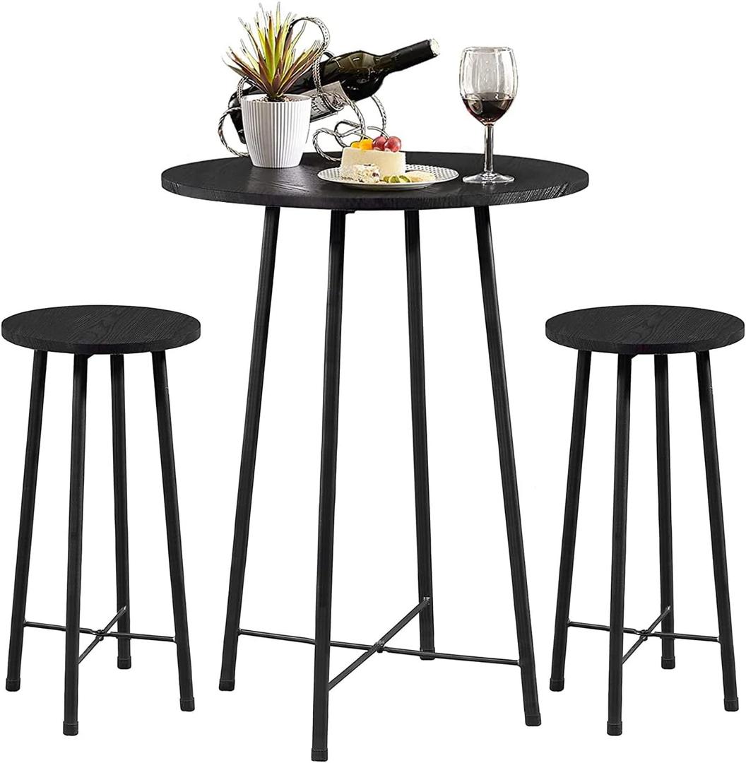 VECELO 3 Piece Pub Table and Chairs Sets Counter Height Bistro Bar Sets with 2 Barstools for Kitchen Breakfast Nook, Small Space, Apartment, Breakfast Dinner Restaurant, Black