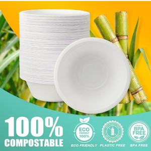 12 oz Paper Bowls, Disposable Compostable Bowls Bulk, Heavy Duty Biodegradable Bagasse Bowl for Snacks, Soup, and Salads, White Paper Bowl, 100 Pcs