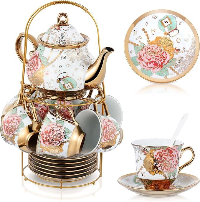 Zhehao 20 Pcs Porcelain Tea Set with Metal Holder and Spoon Adult Ceramic Tea Set European Flower Painting Teapot Cup Saucer Spoon for Women, Large Version (Fresh Style)