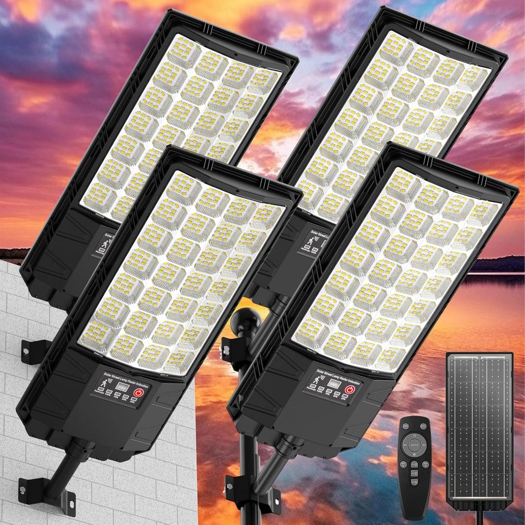4 Pack Solar Street Lights Outdoor Waterproof, 40000LM Solar Powered Flood Security Light with Radar Motion Sensor & Remote Control, 6500K LED Solar Lighting Dusk to Dawn for Parkling lot Yard Outside