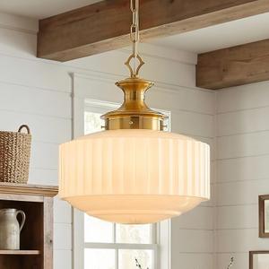 Vintage Schoolhouse Pendant Light 14" Milk Glass Pendant Light Farmhouse Brass Gold Chandelier Glass Pendant Light Fixture for Kitchen Island Lighting, Dining Room, Foyer