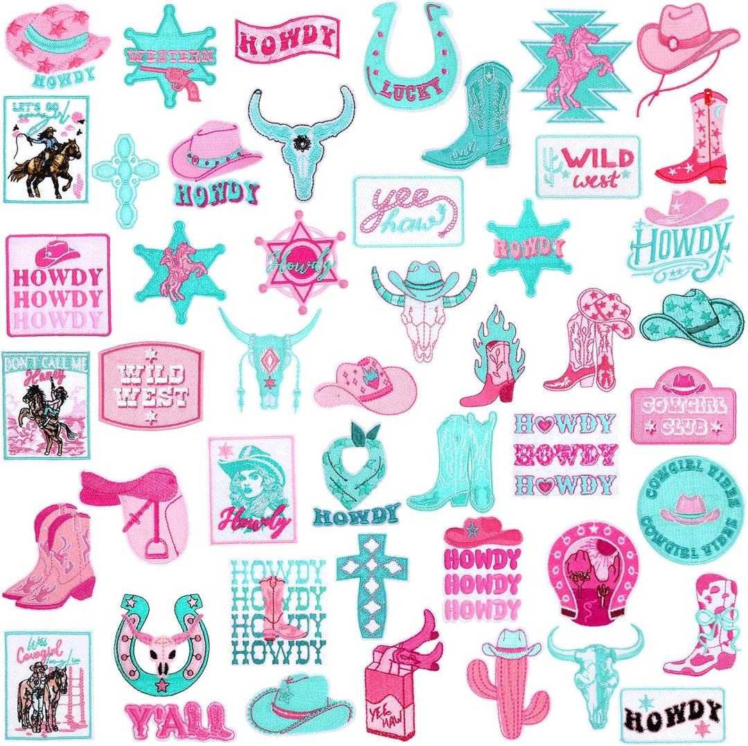 Tigeen 48 Pcs Western Trucker Iron on Patches Funny Cowboy Cowgirl Social Club Embroidered Hats Patch for Clothes Jeans Pants Backpack Sew on Applique DIY Accessory