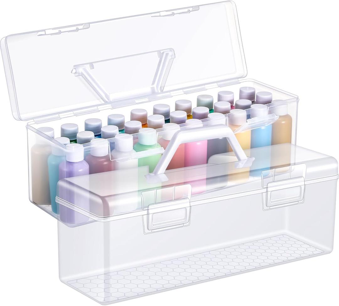 2 Pcs Paint Storage Box for 2 Fl. oz Acrylic Paints, Acrylic Portable Craft Art Organizer with Handle, 30 Bottles Capacity Plastic Art Supply Clear Boxes