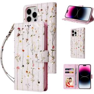 UEEBAI Wallet Case for iPhone 14 Pro Max 6.7 inch, PU Leather Phone Case Kickstand RFID Blocking Flip Case Card Slots Wrist Strap Relief Engraved Pattern Magnetic Closure Flower Folio Case, Vine