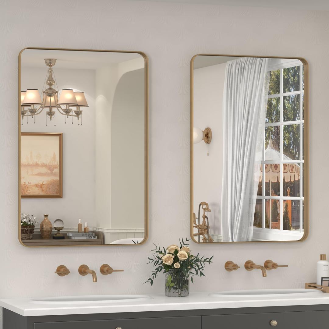 CHARMOR 2 Pack of 24x36 Gold Bathroom Mirror, Rounded Rectangle Gold Frame Mirror, Brushed Gold Brass Bathroom Vanity Mirror Wall-Mounted, Anti-Rust, Hangs Horizontally or Vertically