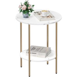 Side Table, Round End Table with 2 Storage Shelves, Compact Living Room Accent Table, Space-Saving Small Bedside Table, 18x18x22in, Marble White, Large