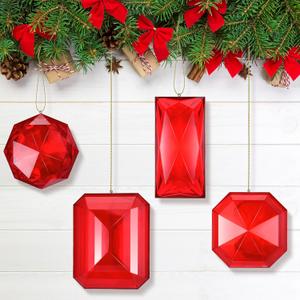 4 Pack Jewel Ornaments 3.9"- 6.2" Acrylic Rectangle Jewel Hanging Decors Christmas Tree Hanging Ornaments Glitter Xmas Rectangle Gemstones for Wedding Holiday Party Decor, (Red) 