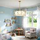 17.71" Drum Chandeliers, Gold Chandelier for Dining Room 3-Lights Light Fixtures with White Linen Fabric Shade Hanging Lighting for Entryway Kitchen Island Foyer Bedroom