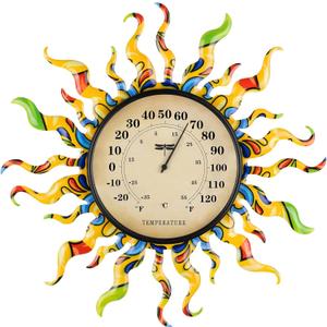 Indoor Outdoor Thermometer,Outside Temperature Gauges for Patio 13 Inch Wall Mounted Sun Thermometer Decorative Muticolor Mexican Decor Hanging Wall Art for Greenhouse Garden Lanai Livingroom Fence, Colorful Sun