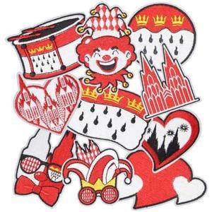 HEYTRCO 9PCS Clown Costume Iron on Patches Set, Funny Red Mardi Gras Carnival Heart Drum Embroidered Repair Patches for Clothes, Applique for Hats, Jeans, Jackets, Bags, Backpacks, Shoes (Mardi Gras),Set of 3