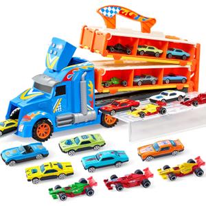 JOYIN Toy Truck for Kids,5-FT Race Track and 12 Die-Cast Metal Toy Cars, Racing Car with Lights & Sounds, Carrier Truck Playset Gift for 3 4 5 Years Old Boys and Girls (Blue Orange)