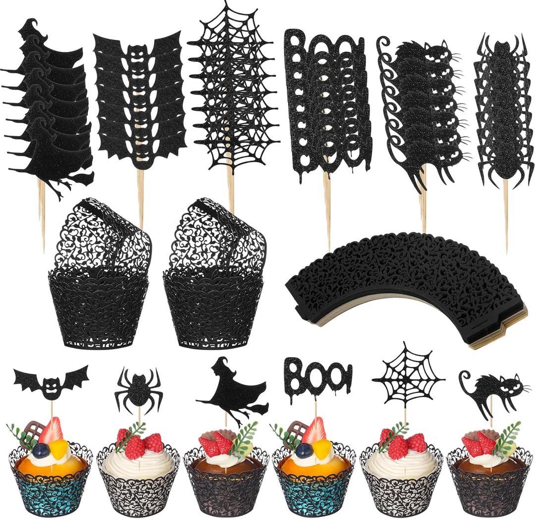 Honeydak 120 Pcs Halloween Cupcake Wrappers and Toppers Set 60 Artistic Cupcake Wrappers Lace Laser Cut Liner and 60 Bat Ghost Witch Cake Toppers Picks Glitter for Halloween Party Decor (Black)