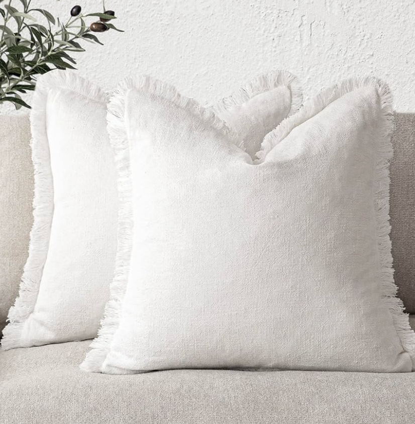 Foindtower Set of 2 Decorative Linen Fringe Throw Pillow Covers Cozy Boho Farmhouse Cushion Cover with Tassels Soft Accent Pillowcase for Couch Sofa Bed Living Room Home Decor,20×20 Inch,White
