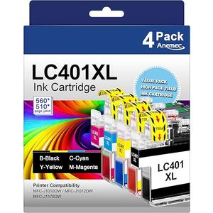 LC401XL Ink Cartridges for Brother Printer High Yield Replacement for Brother LC401 XL Ink Cartridges Work with MFC-J1010DW MFC-J1012DW MFC-J1170DW Printer (4 Pack，Black Cyan Magenta Yellow)