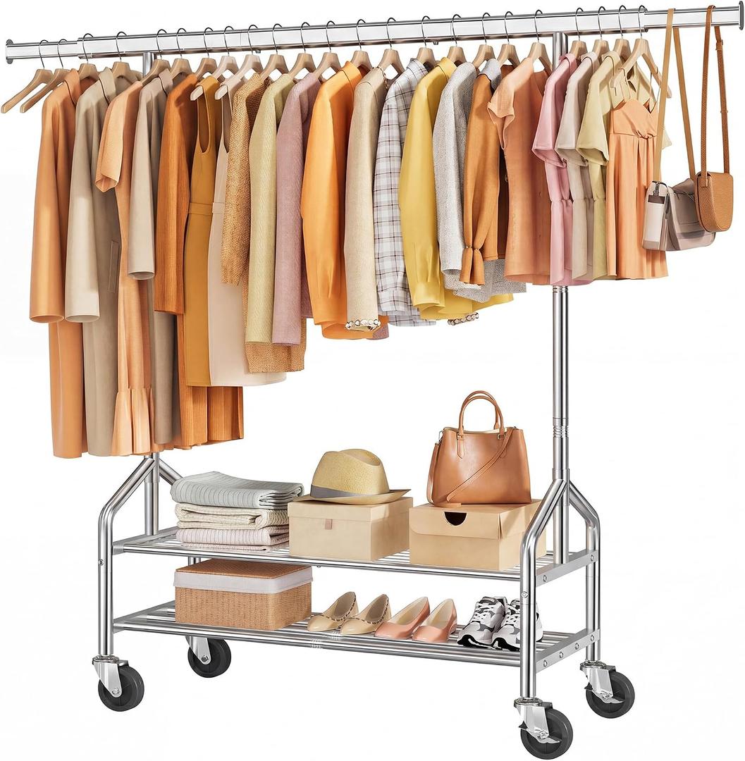Tajsoon Clothes Rack Load 350 LBS, Clothing Rack with Double Layer Shelves, Metal Heavy Duty Garment Rack, Adjustable Length and Height, Portable Rolling Rack with Sturdy Wheel, Chrome