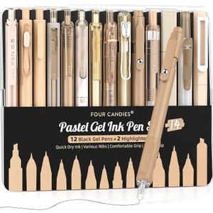 Four Candies 14Pack Pastel Gel Ink Pen Set, Cute Retractable 0.5mm Fine Point Pen, Note Taking Aesthetic Pens,12 Pack Black Ink Pens with 2Pack Highlighter, Smooth Writing Pens for School, Office(Brown)