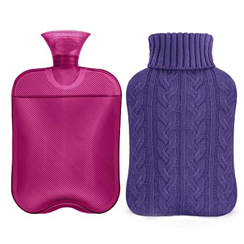 Samply Hot Water Bottle with Knitted Cover, 2L Hot Water Bag for Hot and Cold Compress, Hand Feet Warmer, Ideal for Menstrual Cramps, Neck and Shoulder Pain Relief, Purple