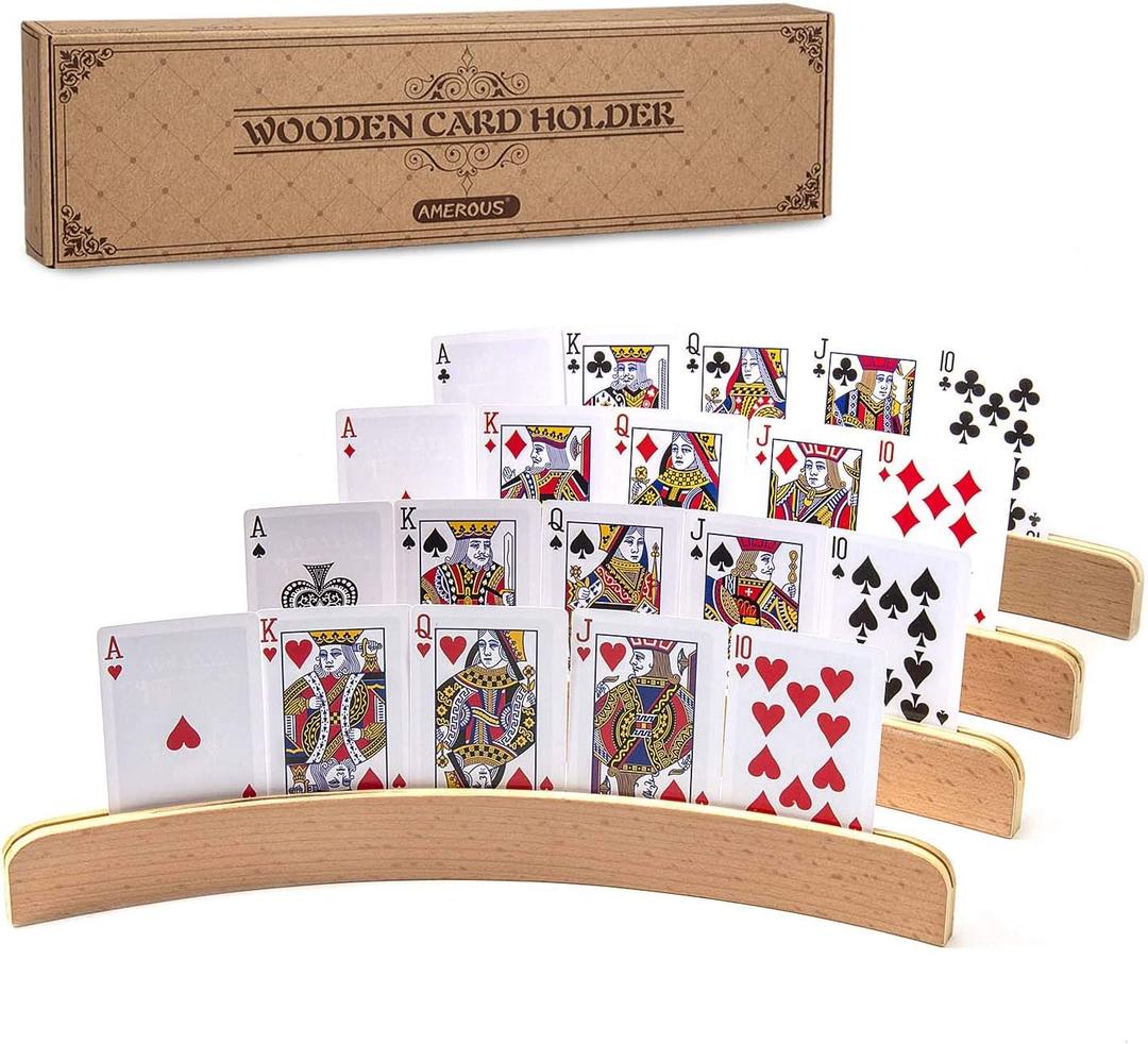 AMEROUS Wooden Playing Card Holders for Kids Seniors Adults, Long Enough Curved Wood Tray Rack Organizer for Card Game (Set of 4)