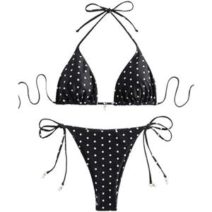 SOLY HUX Women's Polka Dots Print Bathing Suit Halter Triangle Tie Side Bikini Sets Two Piece Swimsuit S