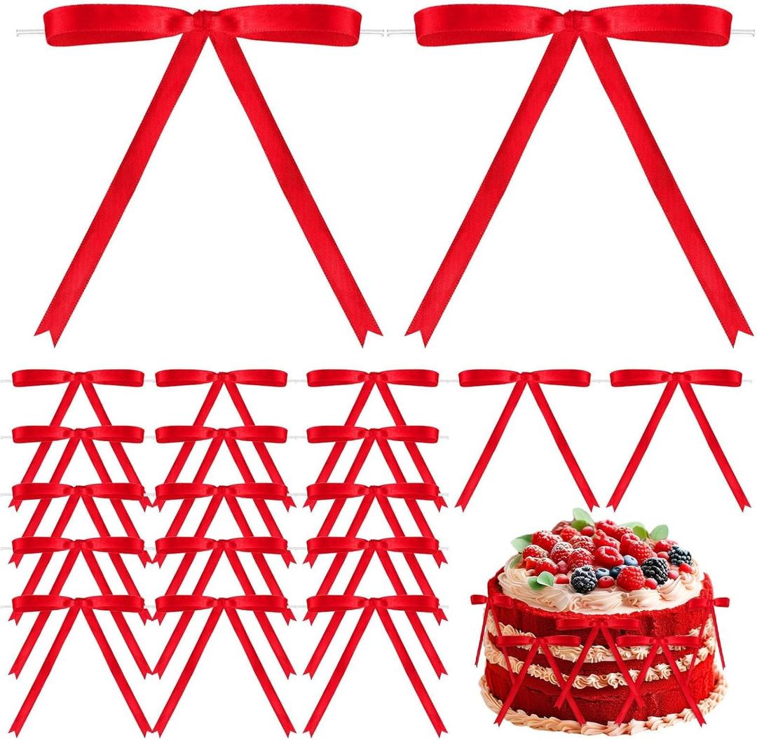 60 Pcs Red Bows for Gift Wrapping, Red Valentines Day Satin Ribbon Bows for Cake Decorating Crafts Treat Bags, 5 x 7 Inch