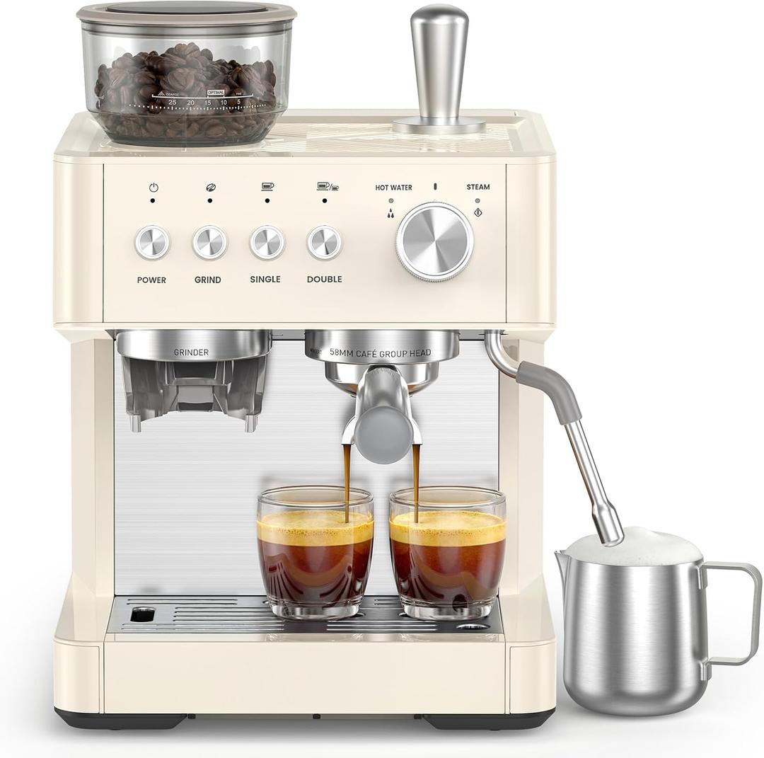 COWSAR 15-Bar Expresso Coffee Machines, Commercial Espresso Machine with Grinder, Milk Frother/Steam Wand & Tamping Tools for Cappuccino & Latte - White (EXP 09/23/33)