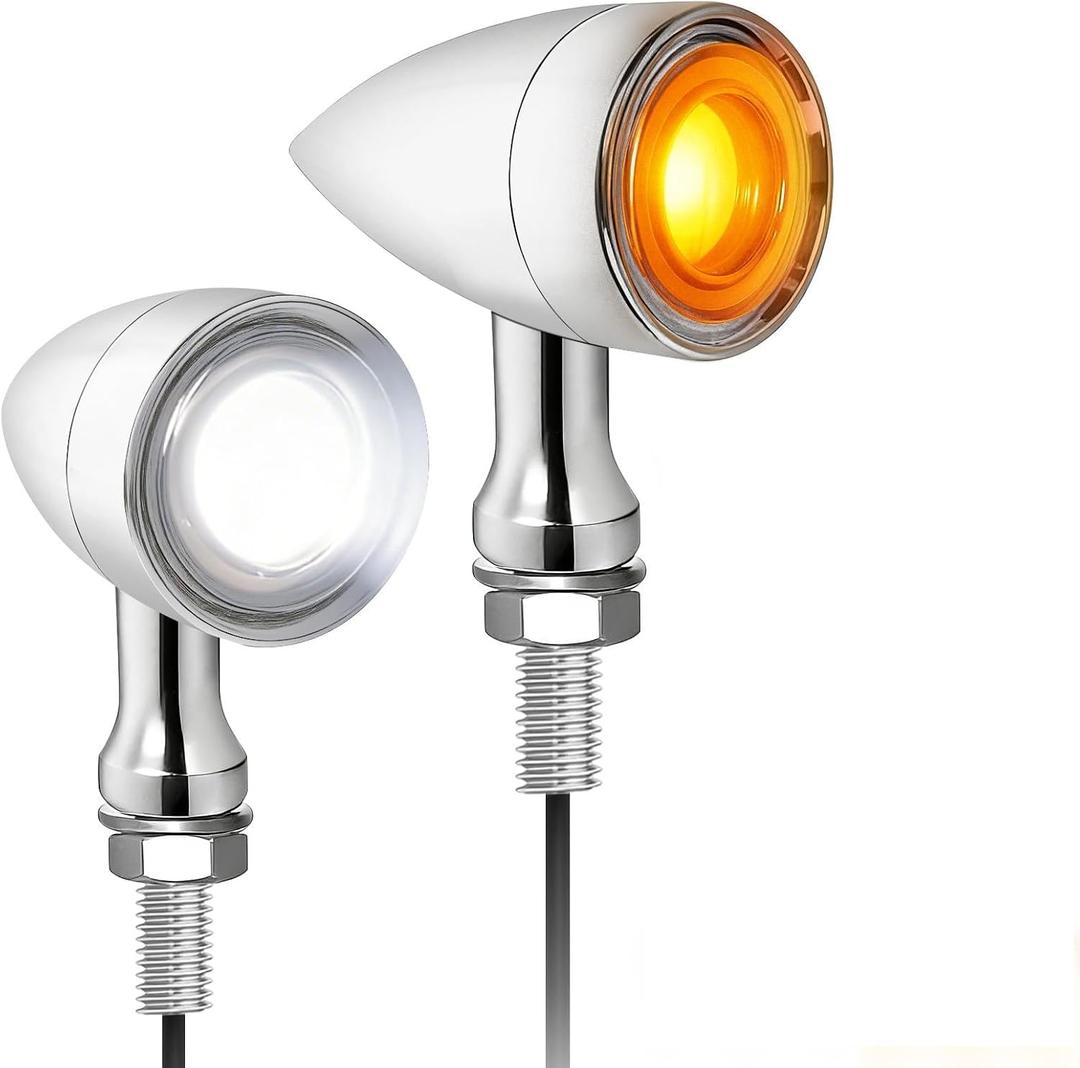 Motorcycle Bullet Turn Signals -2 PCS LED Front Lights, SMD Blinker White Amber Light Wireless Indicator Compatible With Honda Yamaha Suzuki Kawasaki Harley Sportster Dyna (Chrome