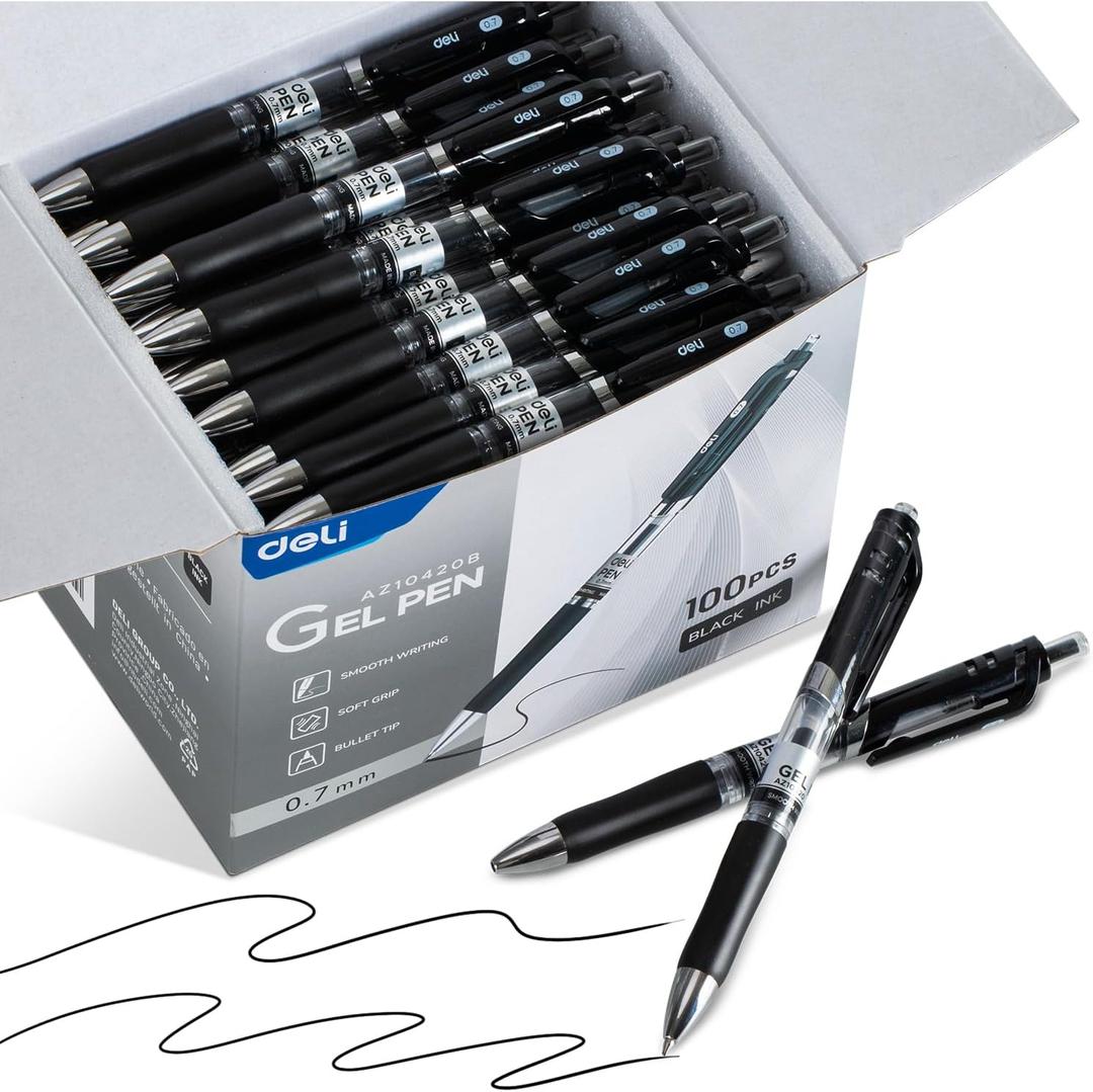 deli Gel Pens, 100 Pcs Retractable Pens Black Ink, Medium Point Pen 0.7mm, Smooth Writing, Fast Dry, No Bleed for Journaling Note Taking, Home School Office Supplies