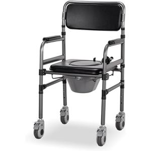 Bedside Commode Chair Foldable Height-Adjustable Toilet Chair with PU Seat 3" Locking Wheels,400lbs Capacity, 22.8-40.6" Adjustable Foldable Shower Chair (Toilet-Round)